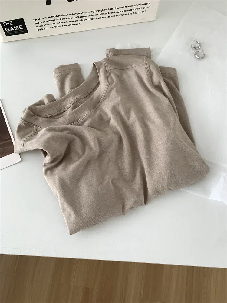 Silk Wool Splice Long Sleeve T-shirt Women Spring Summer Thin Soft Waxy Fit Solid Color Backing Top - Image 36