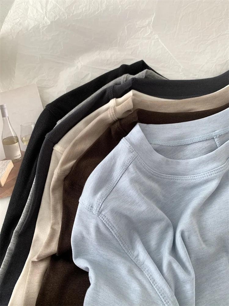 Silk Wool Splice Long Sleeve T-shirt Women Spring Summer Thin Soft Waxy Fit Solid Color Backing Top - Image 4