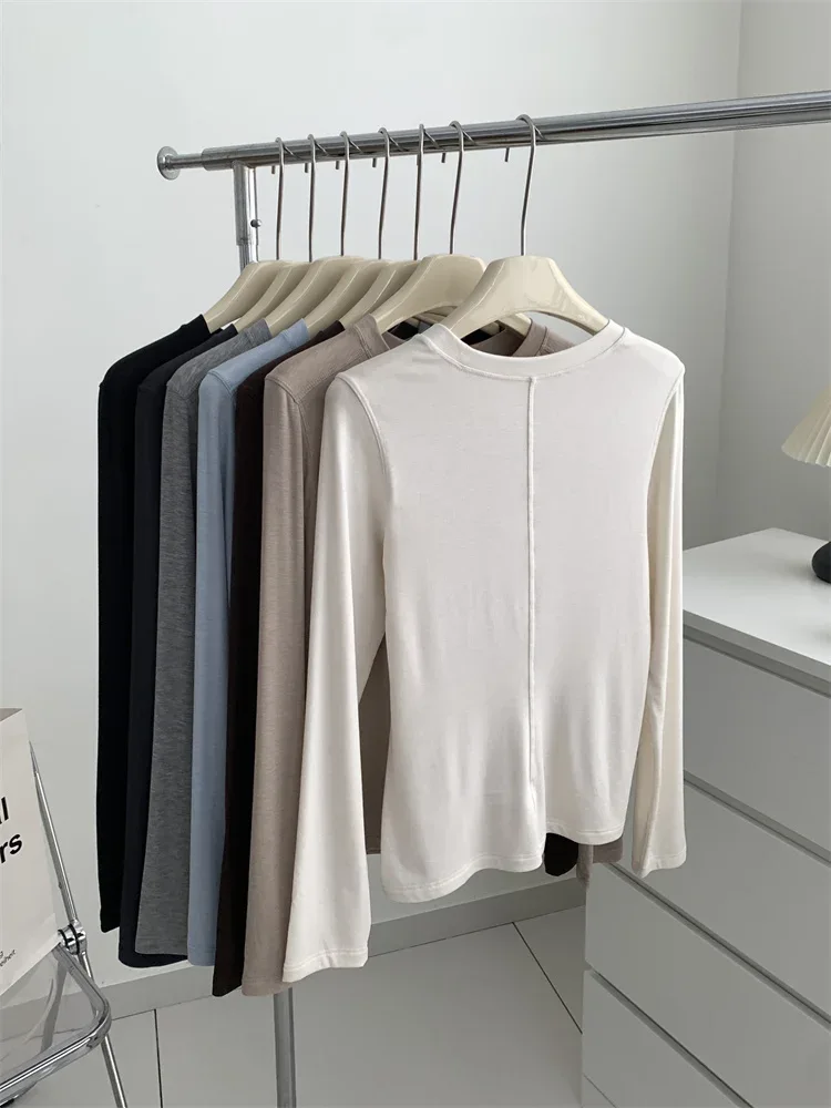 Silk Wool Splice Long Sleeve T-shirt Women Spring Summer Thin Soft Waxy Fit Solid Color Backing Top - Image 5