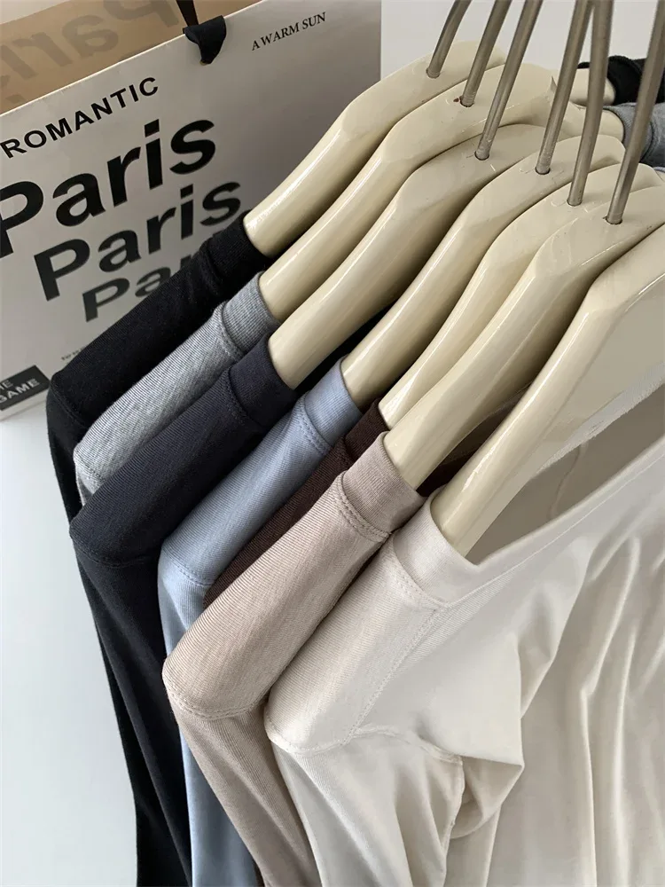 Silk Wool Splice Long Sleeve T-shirt Women Spring Summer Thin Soft Waxy Fit Solid Color Backing Top - Image 7