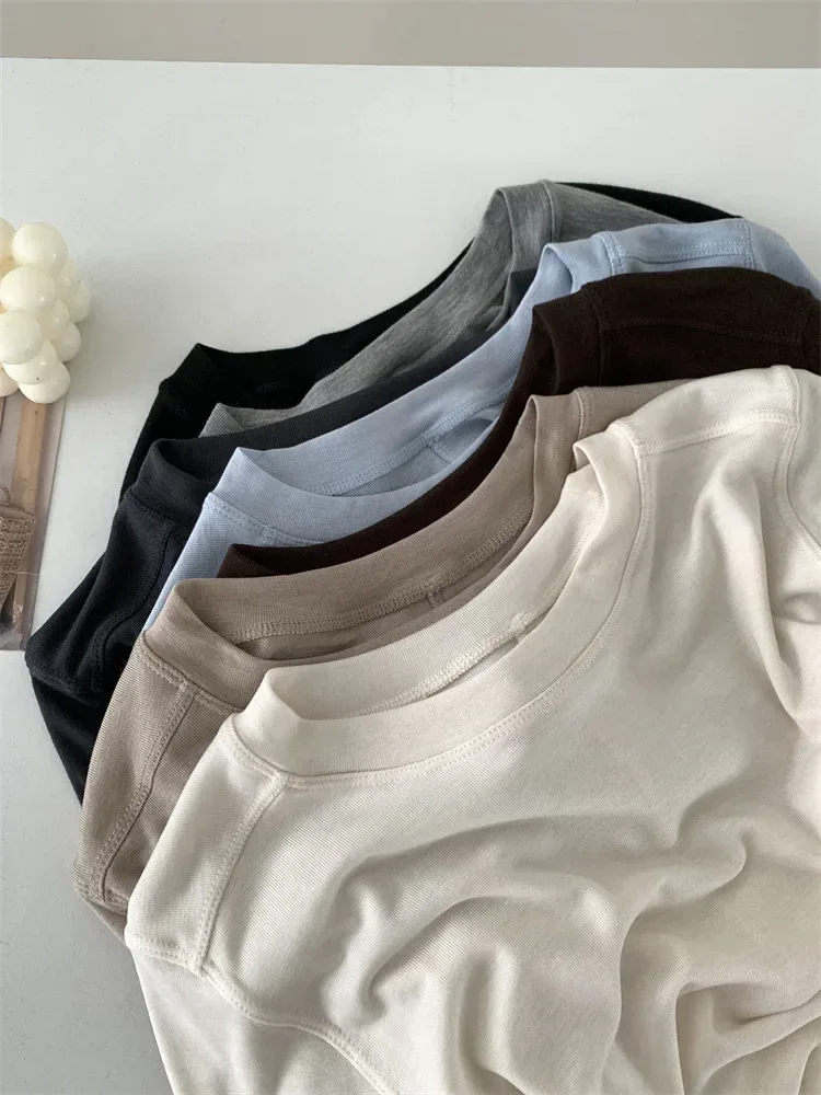 Silk Wool Splice Long Sleeve T-shirt Women Spring Summer Thin Soft Waxy Fit Solid Color Backing Top - Image 8