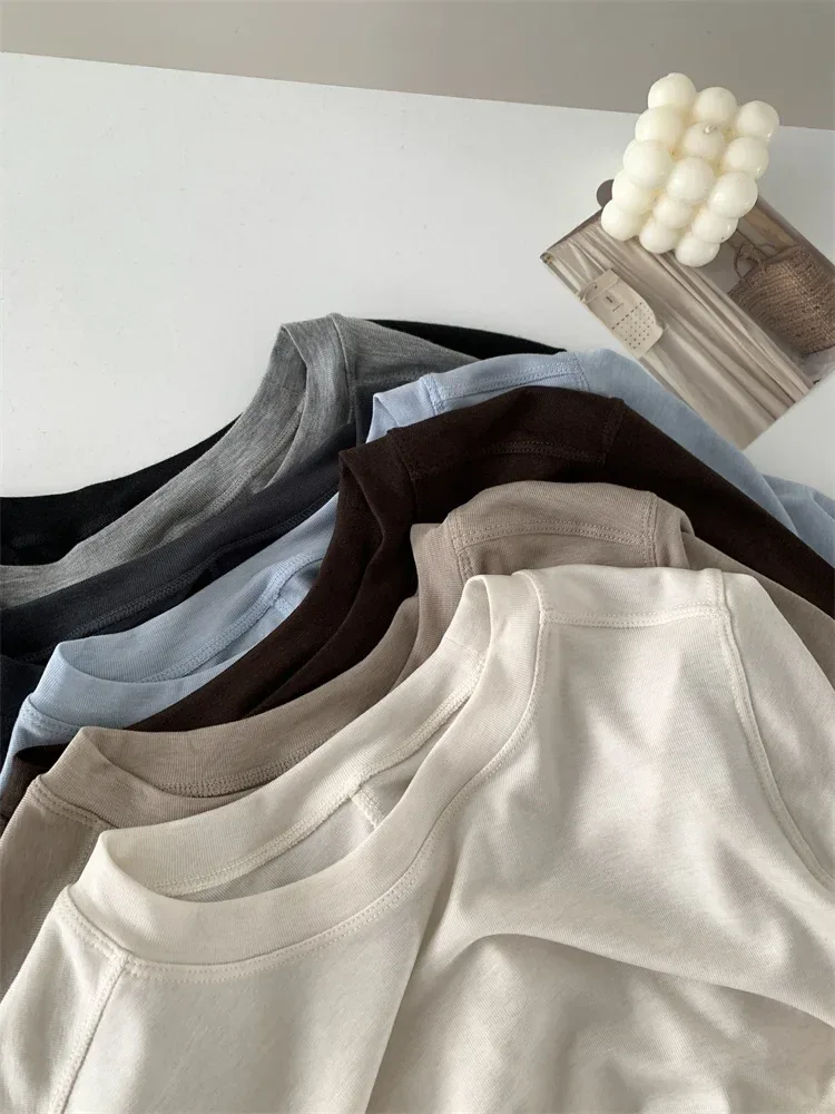 Silk Wool Splice Long Sleeve T-shirt Women Spring Summer Thin Soft Waxy Fit Solid Color Backing Top - Image 9