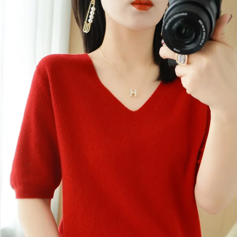 Spring/Summer 2025 Ladies Sweater Pullover Solid Color V-neck Half-sleeved Knitted Cashmere Sweater Thin Casual Top
