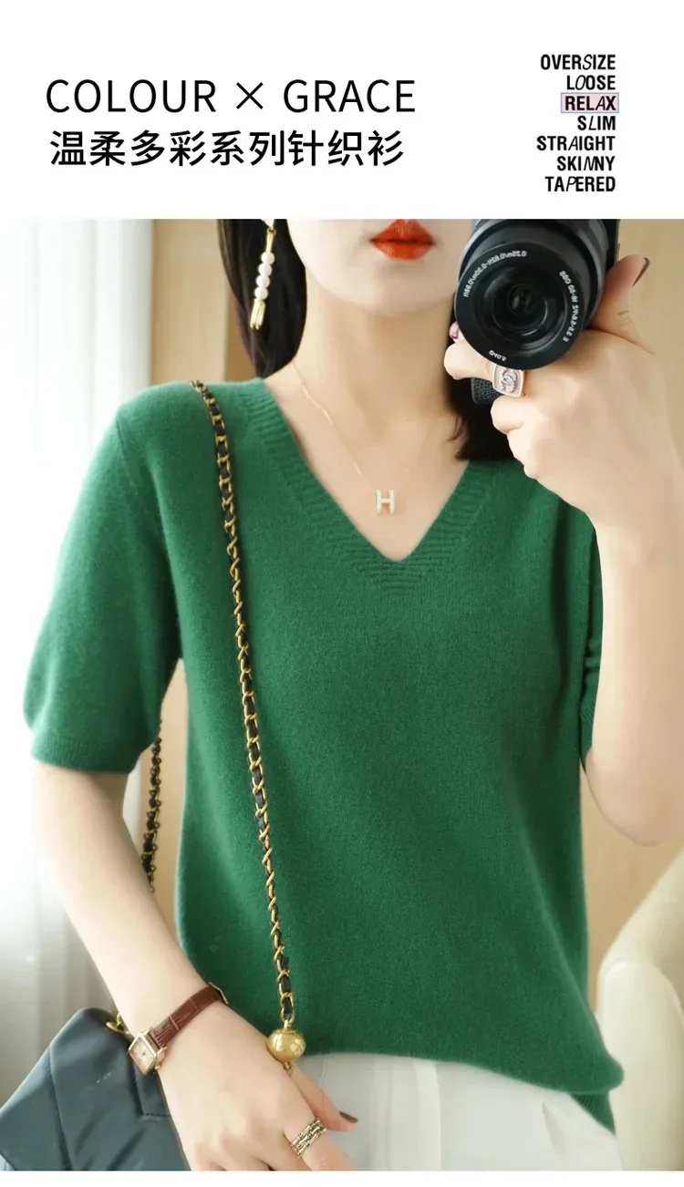 Spring/Summer 2025 Ladies Sweater Pullover Solid Color V-neck Half-sleeved Knitted Cashmere Sweater Thin Casual Top - Image 13