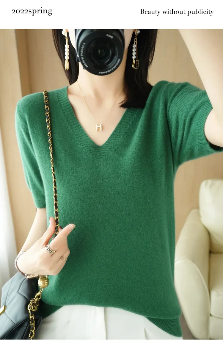 Spring/Summer 2025 Ladies Sweater Pullover Solid Color V-neck Half-sleeved Knitted Cashmere Sweater Thin Casual Top - Image 14