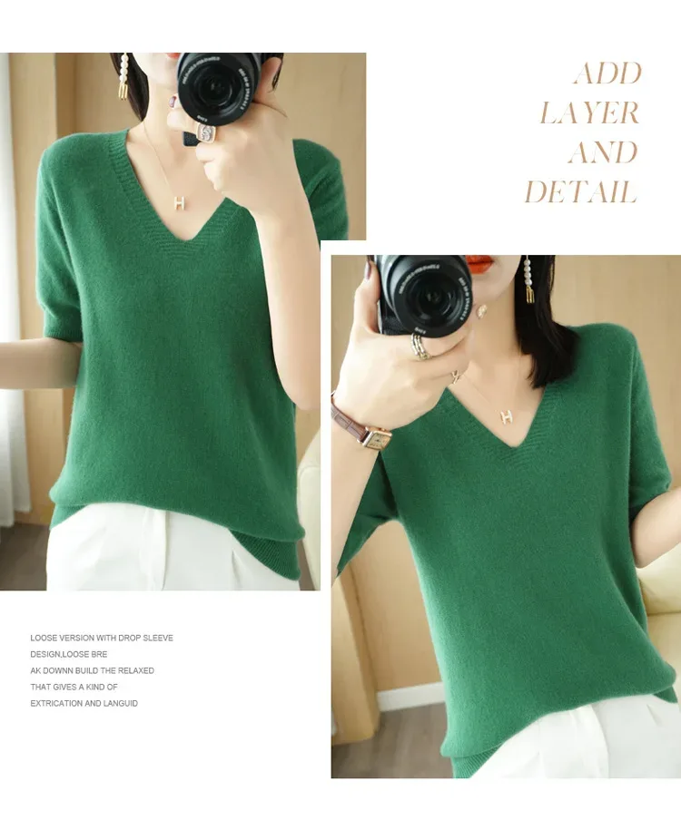 Spring/Summer 2025 Ladies Sweater Pullover Solid Color V-neck Half-sleeved Knitted Cashmere Sweater Thin Casual Top - Image 15