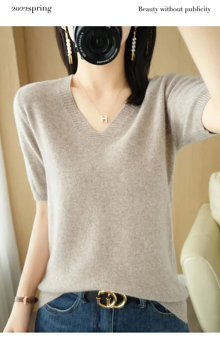 Spring/Summer 2025 Ladies Sweater Pullover Solid Color V-neck Half-sleeved Knitted Cashmere Sweater Thin Casual Top - Image 17