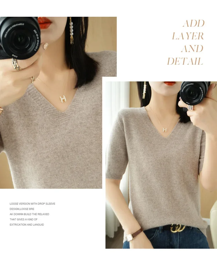 Spring/Summer 2025 Ladies Sweater Pullover Solid Color V-neck Half-sleeved Knitted Cashmere Sweater Thin Casual Top - Image 18