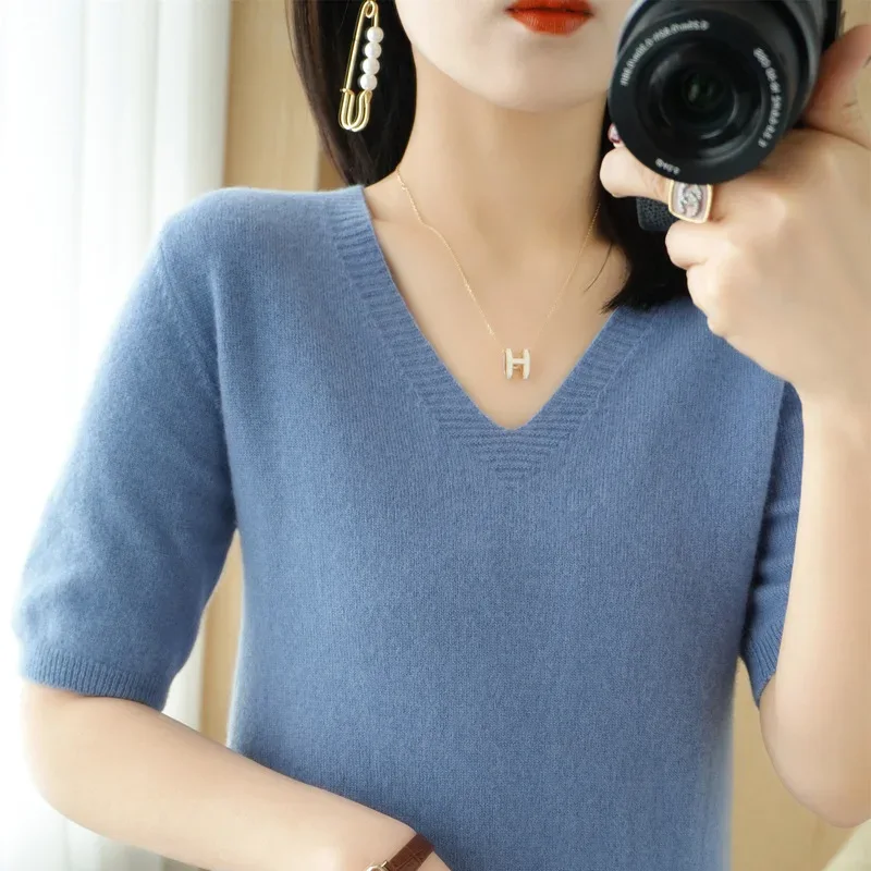 Spring/Summer 2025 Ladies Sweater Pullover Solid Color V-neck Half-sleeved Knitted Cashmere Sweater Thin Casual Top - Image 2
