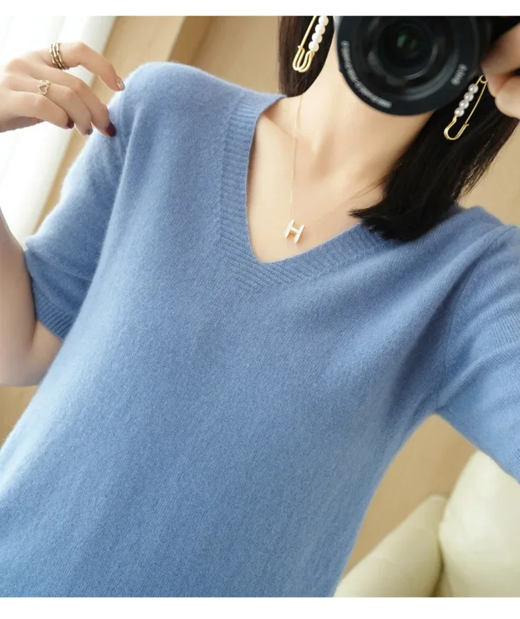 Spring/Summer 2025 Ladies Sweater Pullover Solid Color V-neck Half-sleeved Knitted Cashmere Sweater Thin Casual Top - Image 20