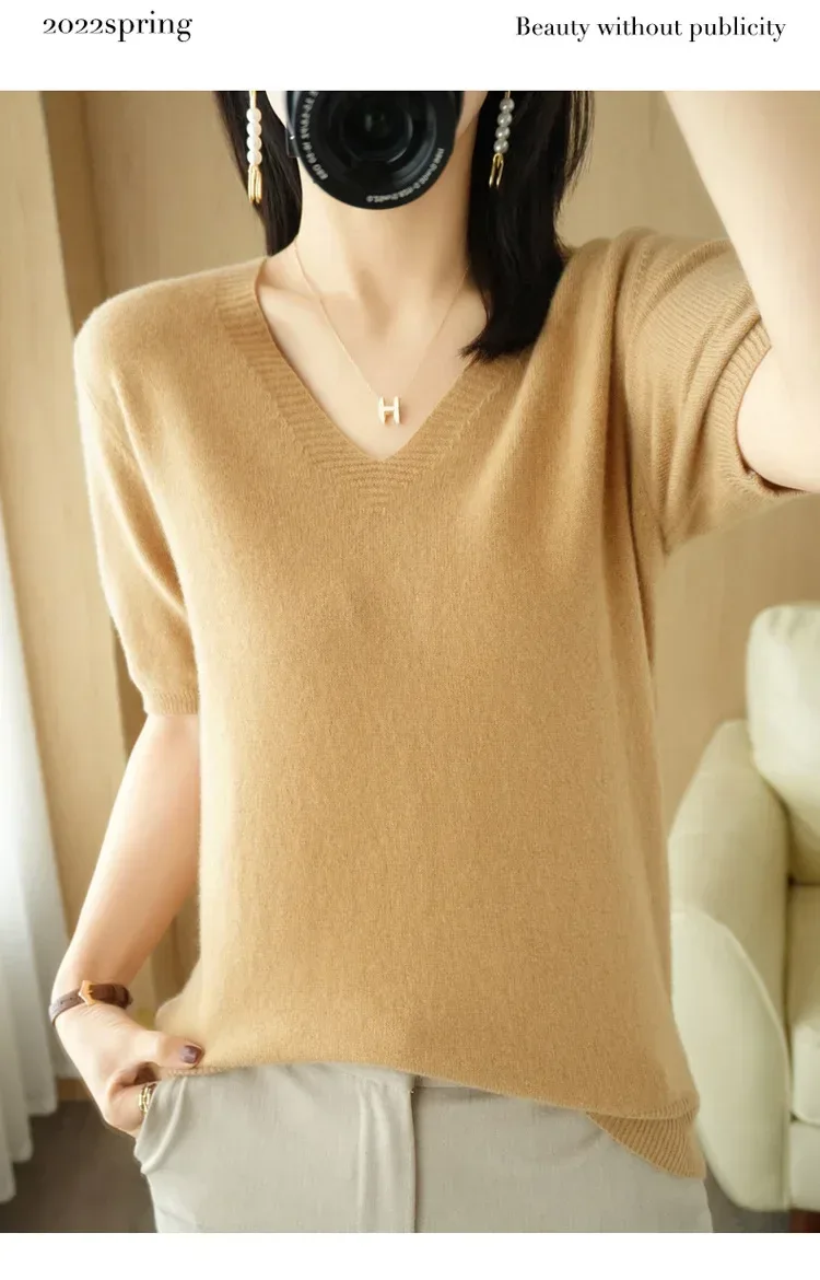 Spring/Summer 2025 Ladies Sweater Pullover Solid Color V-neck Half-sleeved Knitted Cashmere Sweater Thin Casual Top - Image 22