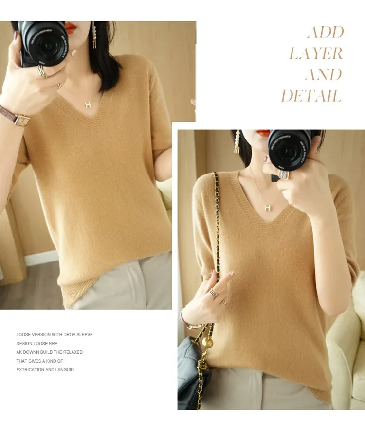 Spring/Summer 2025 Ladies Sweater Pullover Solid Color V-neck Half-sleeved Knitted Cashmere Sweater Thin Casual Top - Image 23