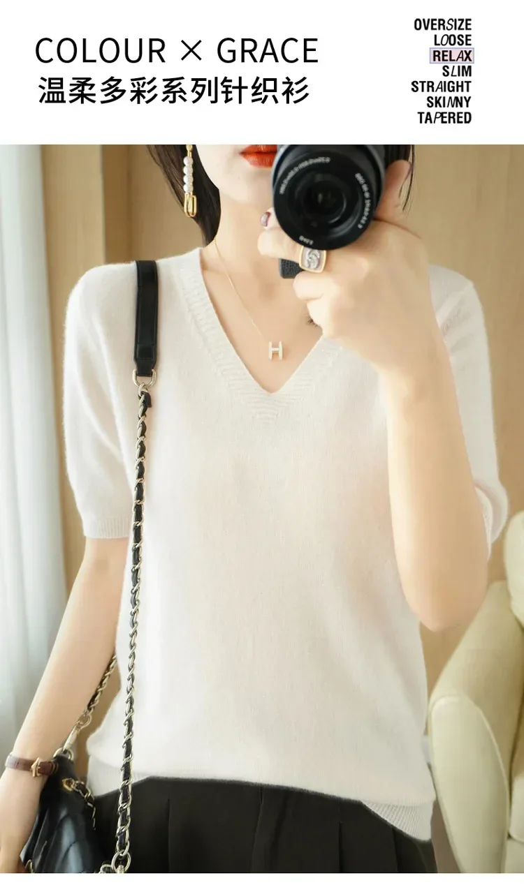 Spring/Summer 2025 Ladies Sweater Pullover Solid Color V-neck Half-sleeved Knitted Cashmere Sweater Thin Casual Top - Image 24