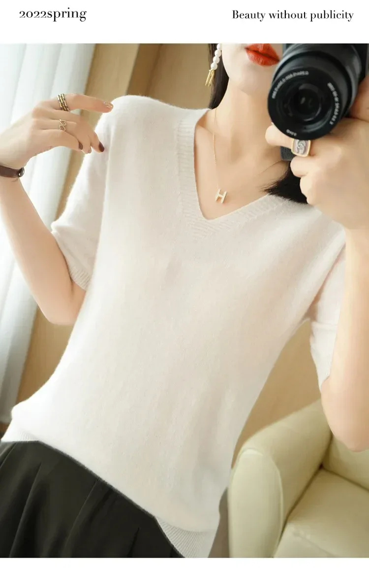 Spring/Summer 2025 Ladies Sweater Pullover Solid Color V-neck Half-sleeved Knitted Cashmere Sweater Thin Casual Top - Image 25