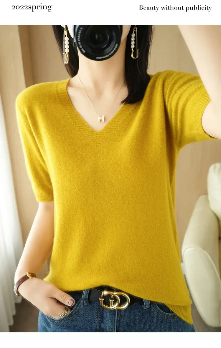 Spring/Summer 2025 Ladies Sweater Pullover Solid Color V-neck Half-sleeved Knitted Cashmere Sweater Thin Casual Top - Image 27