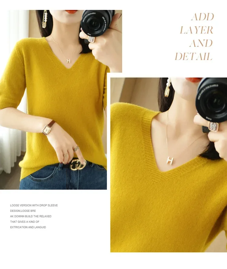 Spring/Summer 2025 Ladies Sweater Pullover Solid Color V-neck Half-sleeved Knitted Cashmere Sweater Thin Casual Top - Image 28