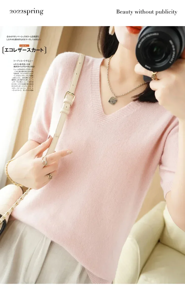 Spring/Summer 2025 Ladies Sweater Pullover Solid Color V-neck Half-sleeved Knitted Cashmere Sweater Thin Casual Top - Image 30
