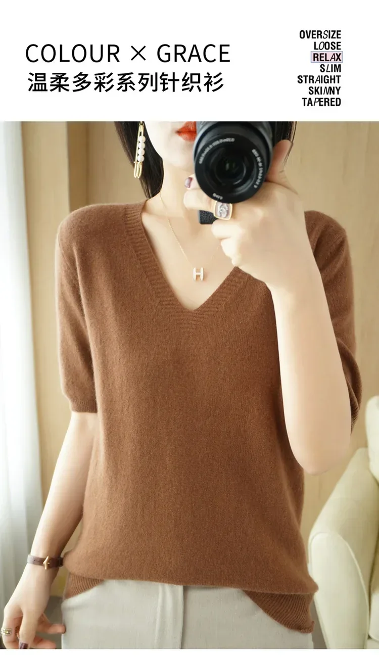 Spring/Summer 2025 Ladies Sweater Pullover Solid Color V-neck Half-sleeved Knitted Cashmere Sweater Thin Casual Top - Image 31