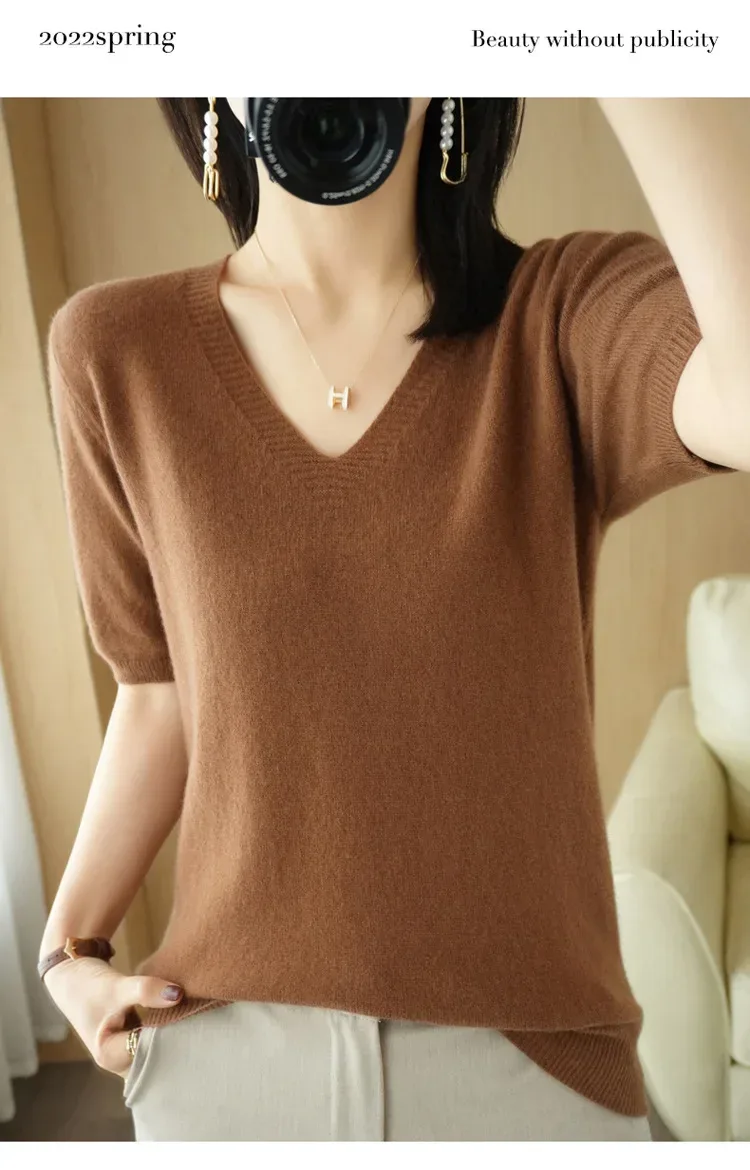 Spring/Summer 2025 Ladies Sweater Pullover Solid Color V-neck Half-sleeved Knitted Cashmere Sweater Thin Casual Top - Image 32
