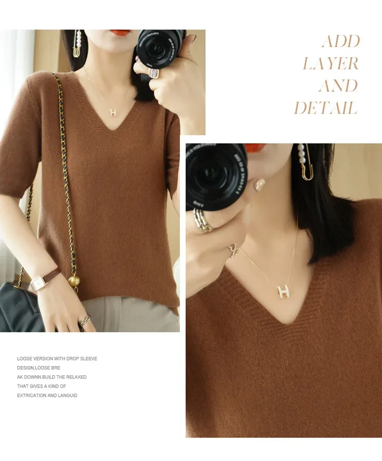 Spring/Summer 2025 Ladies Sweater Pullover Solid Color V-neck Half-sleeved Knitted Cashmere Sweater Thin Casual Top - Image 33