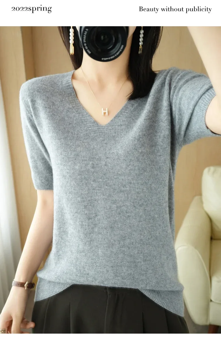 Spring/Summer 2025 Ladies Sweater Pullover Solid Color V-neck Half-sleeved Knitted Cashmere Sweater Thin Casual Top - Image 35
