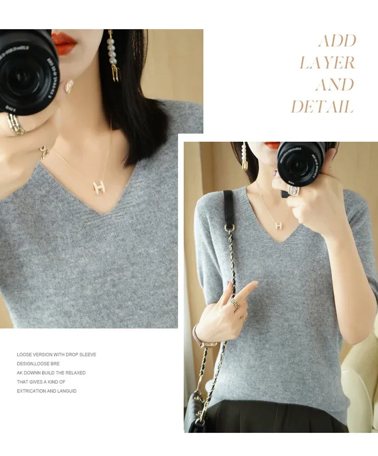 Spring/Summer 2025 Ladies Sweater Pullover Solid Color V-neck Half-sleeved Knitted Cashmere Sweater Thin Casual Top - Image 36