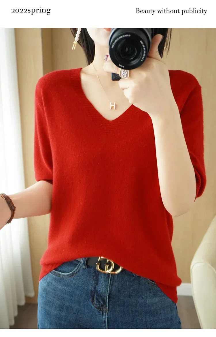 Spring/Summer 2025 Ladies Sweater Pullover Solid Color V-neck Half-sleeved Knitted Cashmere Sweater Thin Casual Top - Image 38