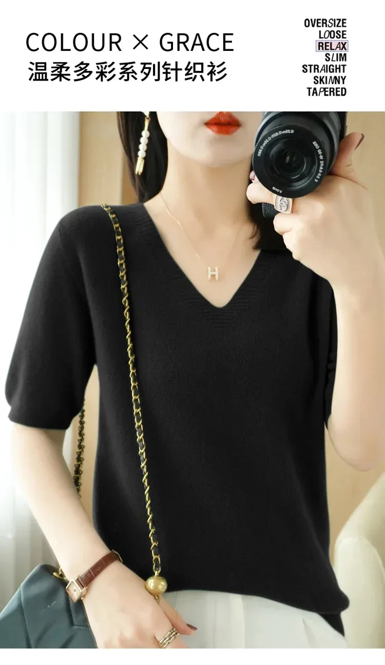 Spring/Summer 2025 Ladies Sweater Pullover Solid Color V-neck Half-sleeved Knitted Cashmere Sweater Thin Casual Top - Image 39