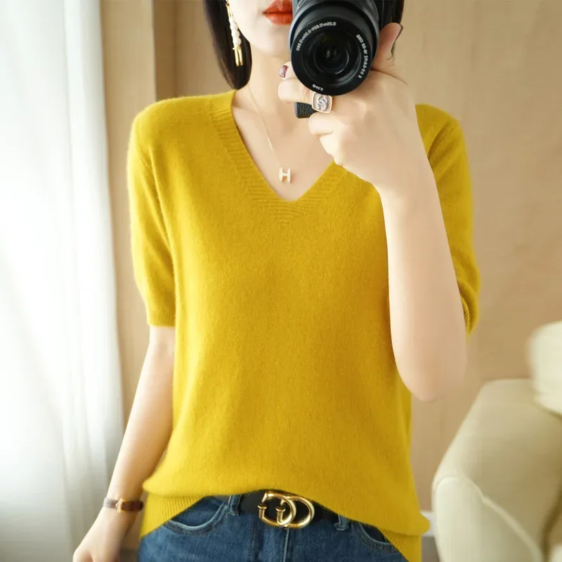 Spring/Summer 2025 Ladies Sweater Pullover Solid Color V-neck Half-sleeved Knitted Cashmere Sweater Thin Casual Top - Image 4