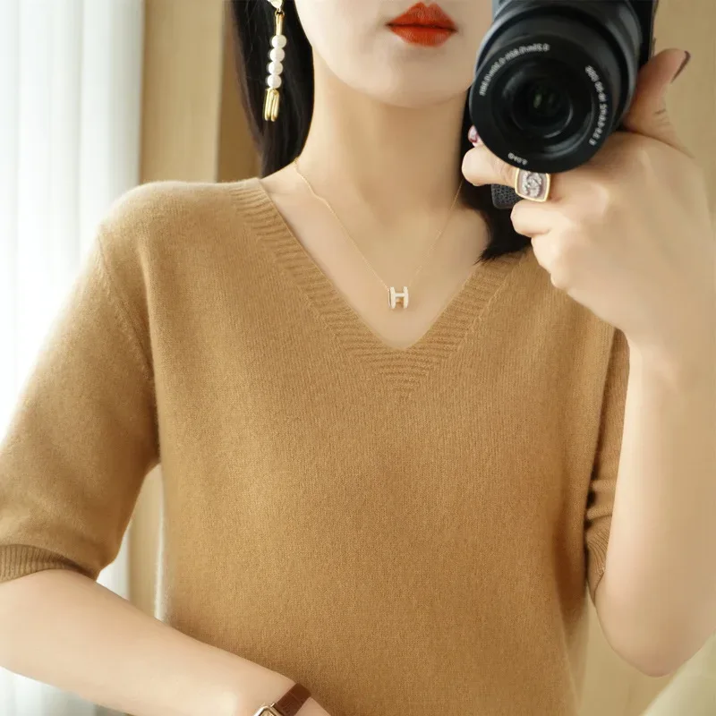 Spring/Summer 2025 Ladies Sweater Pullover Solid Color V-neck Half-sleeved Knitted Cashmere Sweater Thin Casual Top - Image 40
