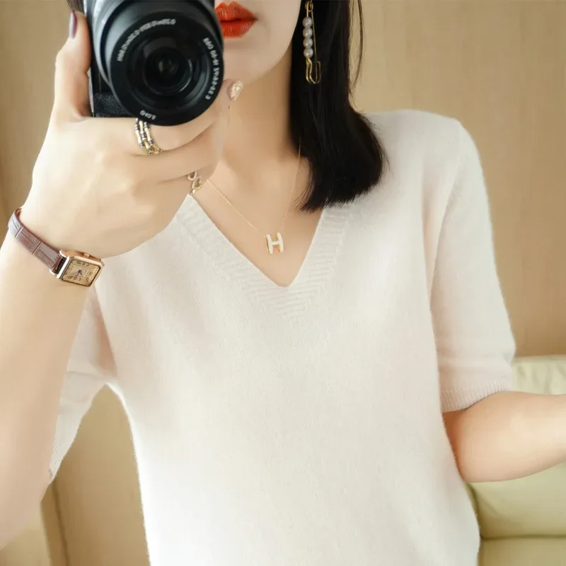 Spring/Summer 2025 Ladies Sweater Pullover Solid Color V-neck Half-sleeved Knitted Cashmere Sweater Thin Casual Top - Image 41