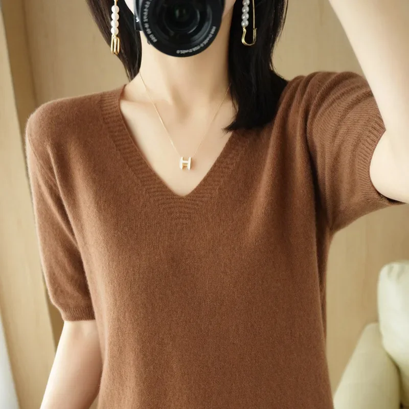 Spring/Summer 2025 Ladies Sweater Pullover Solid Color V-neck Half-sleeved Knitted Cashmere Sweater Thin Casual Top - Image 43