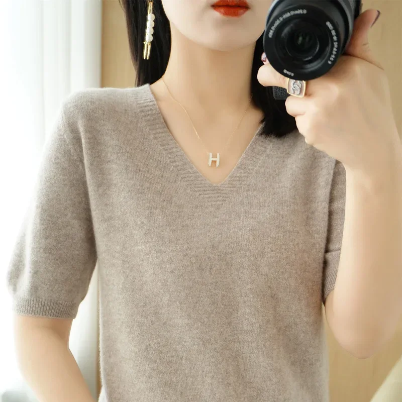 Spring/Summer 2025 Ladies Sweater Pullover Solid Color V-neck Half-sleeved Knitted Cashmere Sweater Thin Casual Top - Image 46