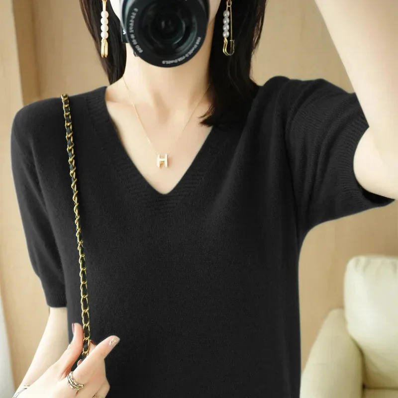 Spring/Summer 2025 Ladies Sweater Pullover Solid Color V-neck Half-sleeved Knitted Cashmere Sweater Thin Casual Top - Image 47