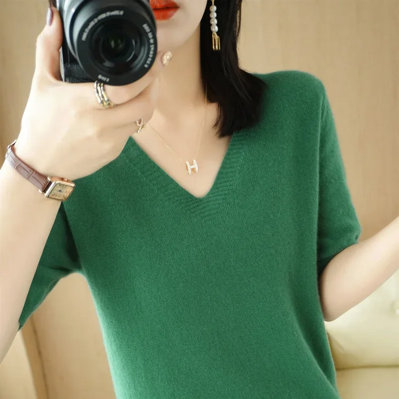 Spring/Summer 2025 Ladies Sweater Pullover Solid Color V-neck Half-sleeved Knitted Cashmere Sweater Thin Casual Top - Image 48