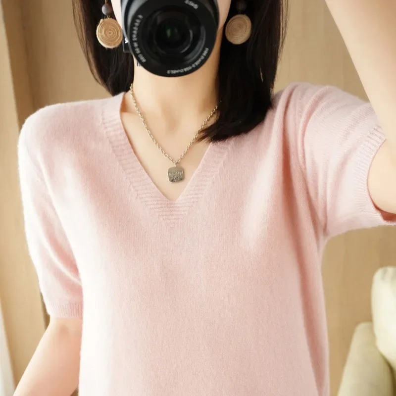 Spring/Summer 2025 Ladies Sweater Pullover Solid Color V-neck Half-sleeved Knitted Cashmere Sweater Thin Casual Top - Image 5
