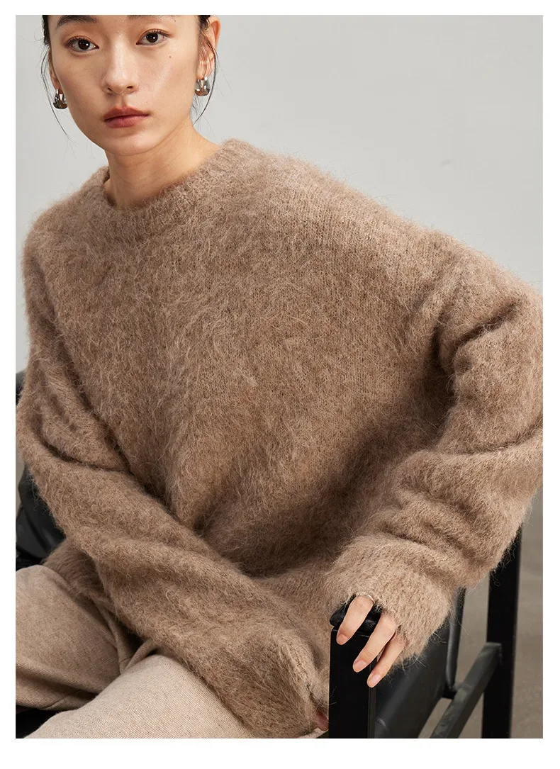 SuyaDream Warm Alpaca Pullovers for Woman, Dropped Sleeved Loose Sweaters, 2025 Fall Winter Top, Camel, Beige - Image 12