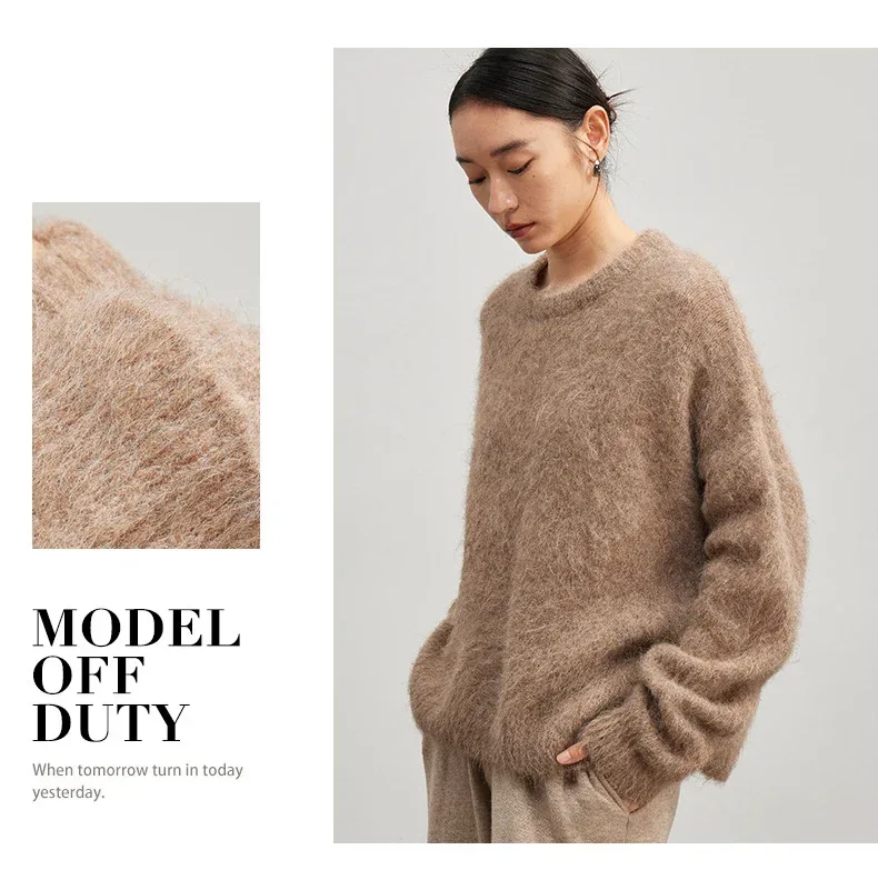 SuyaDream Warm Alpaca Pullovers for Woman, Dropped Sleeved Loose Sweaters, 2025 Fall Winter Top, Camel, Beige - Image 14