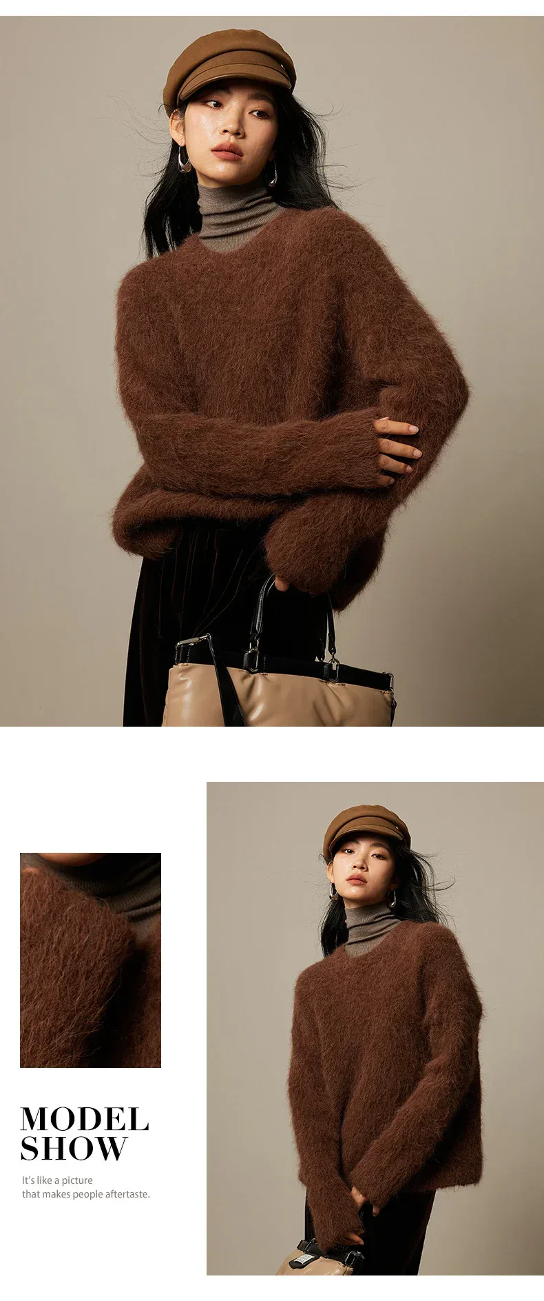 SuyaDream Warm Alpaca Pullovers for Woman, Dropped Sleeved Loose Sweaters, 2025 Fall Winter Top, Camel, Beige - Image 20