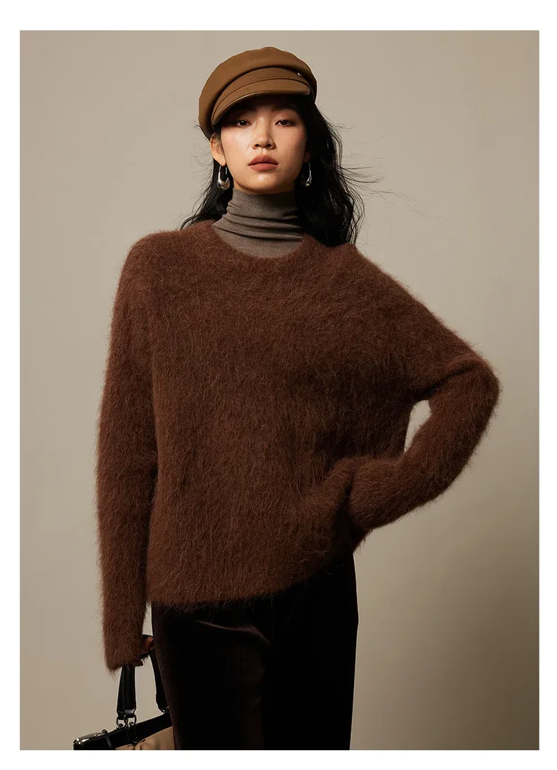 SuyaDream Warm Alpaca Pullovers for Woman, Dropped Sleeved Loose Sweaters, 2025 Fall Winter Top, Camel, Beige - Image 22