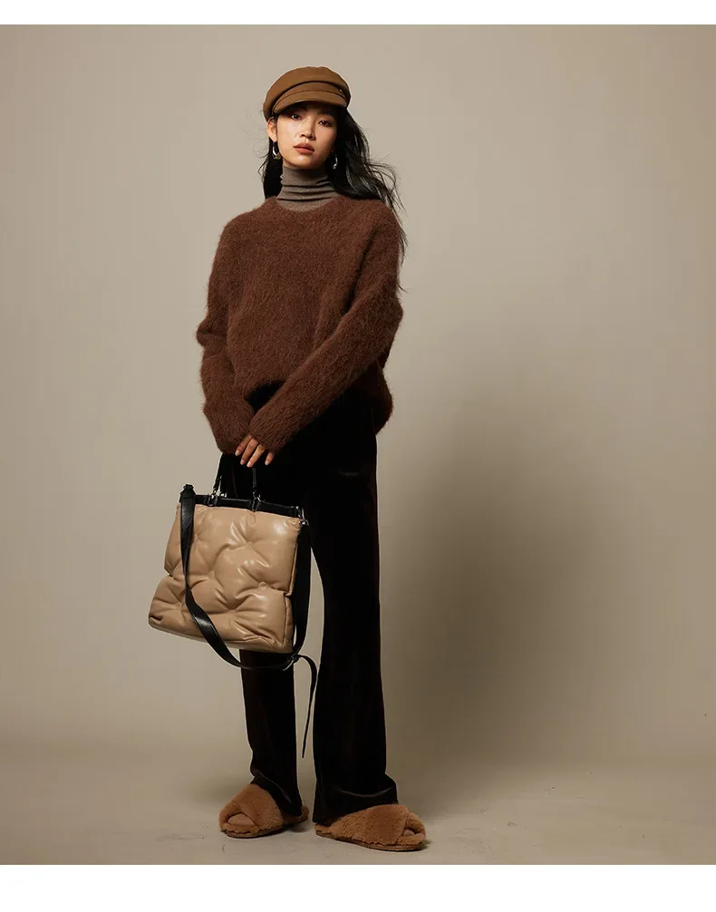 SuyaDream Warm Alpaca Pullovers for Woman, Dropped Sleeved Loose Sweaters, 2025 Fall Winter Top, Camel, Beige - Image 23