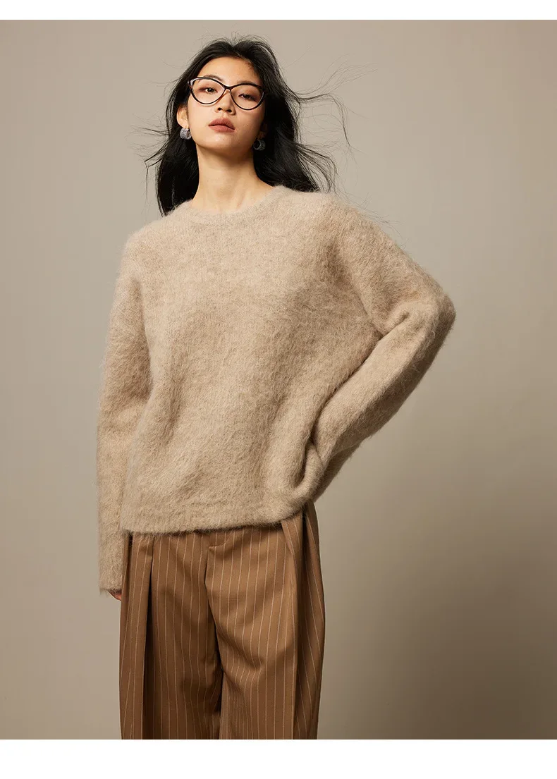 SuyaDream Warm Alpaca Pullovers for Woman, Dropped Sleeved Loose Sweaters, 2025 Fall Winter Top, Camel, Beige - Image 24