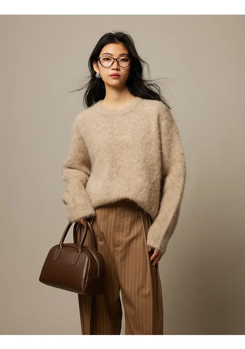 SuyaDream Warm Alpaca Pullovers for Woman, Dropped Sleeved Loose Sweaters, 2025 Fall Winter Top, Camel, Beige - Image 25