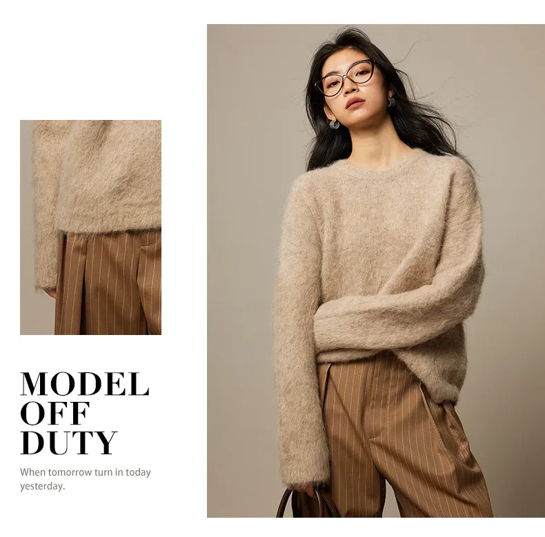SuyaDream Warm Alpaca Pullovers for Woman, Dropped Sleeved Loose Sweaters, 2025 Fall Winter Top, Camel, Beige - Image 26