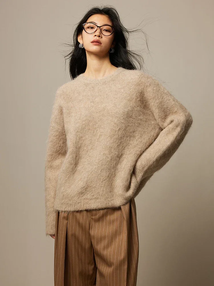 SuyaDream Warm Alpaca Pullovers for Woman, Dropped Sleeved Loose Sweaters, 2025 Fall Winter Top, Camel, Beige - Image 40