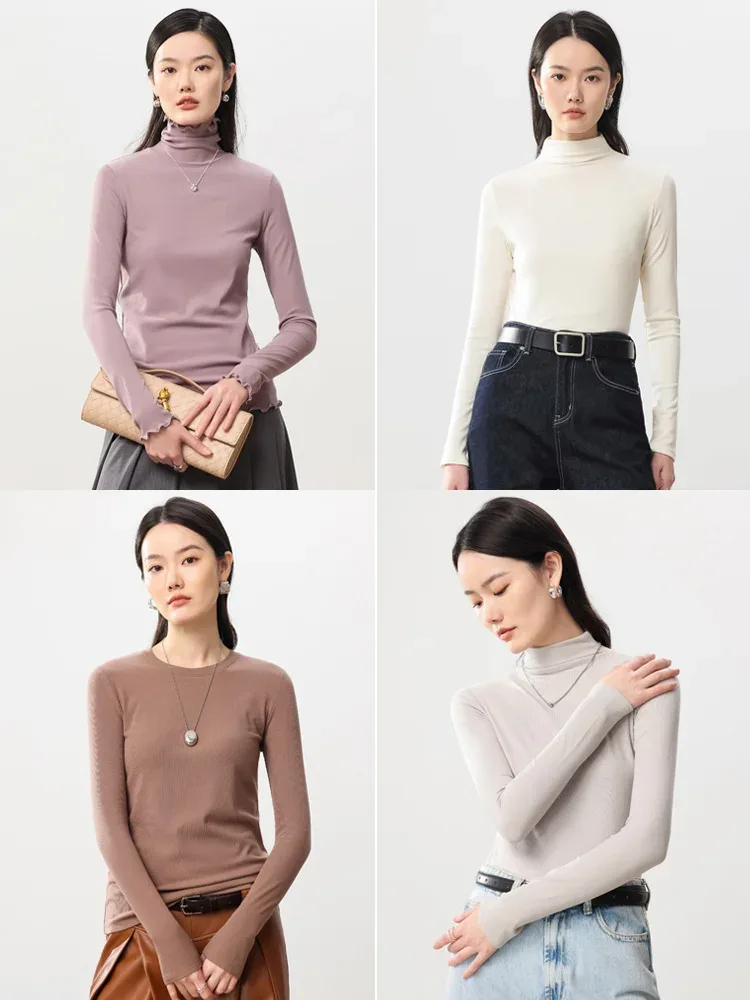 SuyaDream, Women Bottoming T Shirt, Silk Viscose Blend, Long Sleeves, Solid Basic Thermal  Shirt, 2024 Autumn Winter Top - Image 2