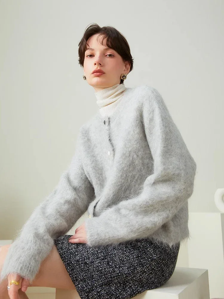 SuyaDream, Women Cardigans, 78%Alpaca, O Neck, Single breasted Solid Sweaters, 2025 Fall Winter Warm Jackets, White, Grey, Pink - Image 2