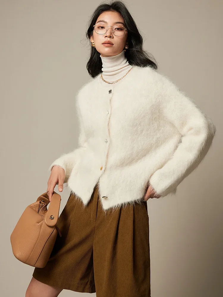 SuyaDream, Women Cardigans, 78%Alpaca, O Neck, Single breasted Solid Sweaters, 2025 Fall Winter Warm Jackets, White, Grey, Pink - Image 3