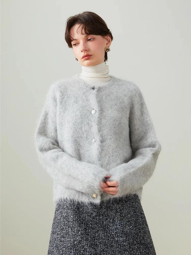 SuyaDream, Women Cardigans, 78%Alpaca, O Neck, Single breasted Solid Sweaters, 2025 Fall Winter Warm Jackets, White, Grey, Pink - Image 4