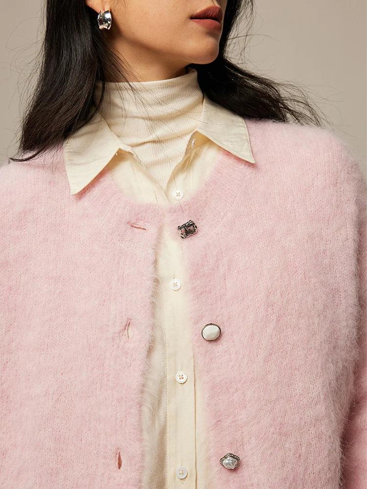 SuyaDream, Women Cardigans, 78%Alpaca, O Neck, Single breasted Solid Sweaters, 2025 Fall Winter Warm Jackets, White, Grey, Pink - Image 5